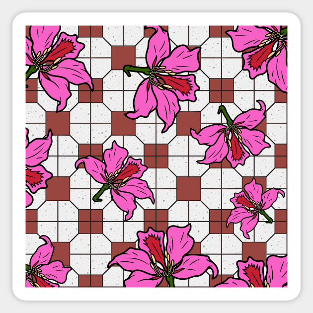 Hong Kong Bauhinia with Brick Red Tile Floor Pattern - Summer Flower Pattern Sticker by CRAFTY BITCH